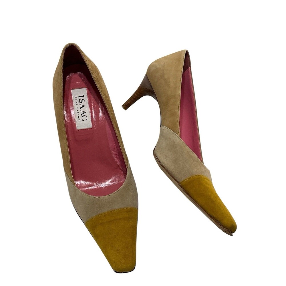 Issac Mizrahi Vintage Suede Colorblock Kitten Heel Pump 8.5 Made In Italy Square